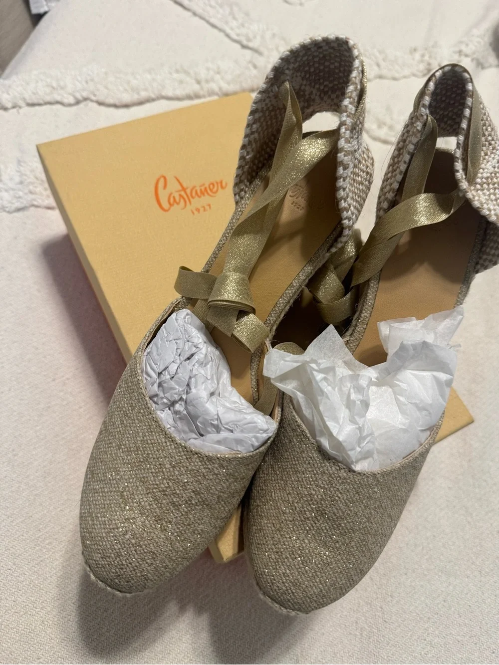 Castaner Metallic Champagne Espadrille Wedge with Ankle Wrap